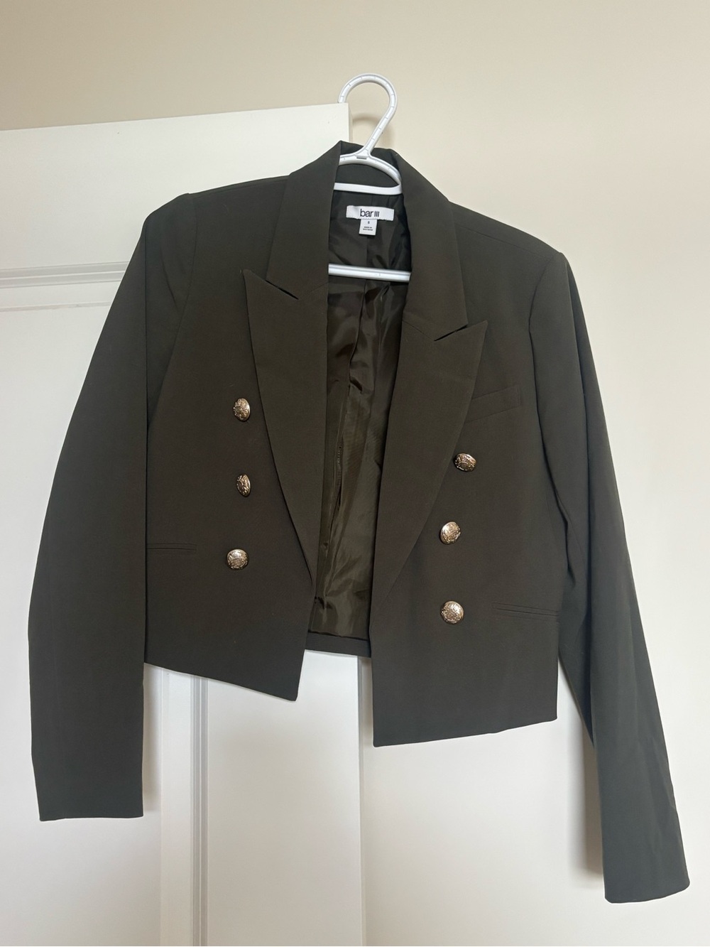 Bar III Cropped Olive Double-Breasted Blazer with Gold Buttons